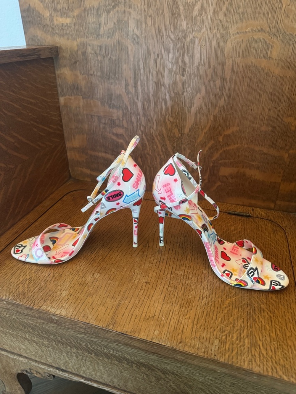 Aldo White Multi-Color Graphic Ankle-Strap Stiletto Heels - Picture 7 of 8